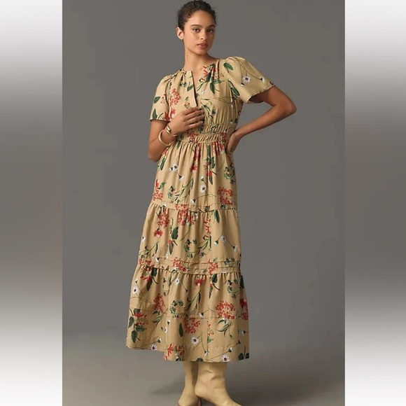 Anthropologie Dresses & Skirts - Anthropologie The Somerset Maxi Dress Cotton Tiered XL Khaki Beige Floral Puff